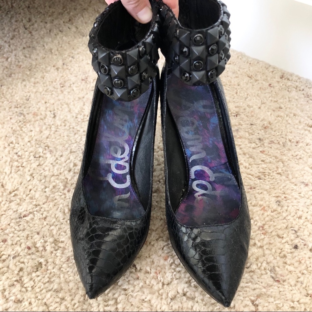 Sam Edelman Black Pointed Toe Studded Ankle Strap Heels